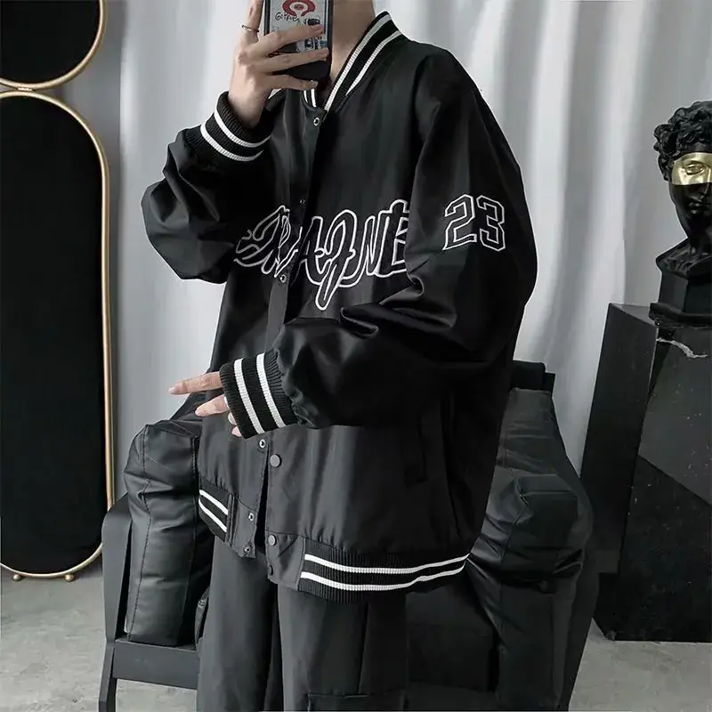 Men Black Graphic Bomber Jacket with White Trim - Image 4
