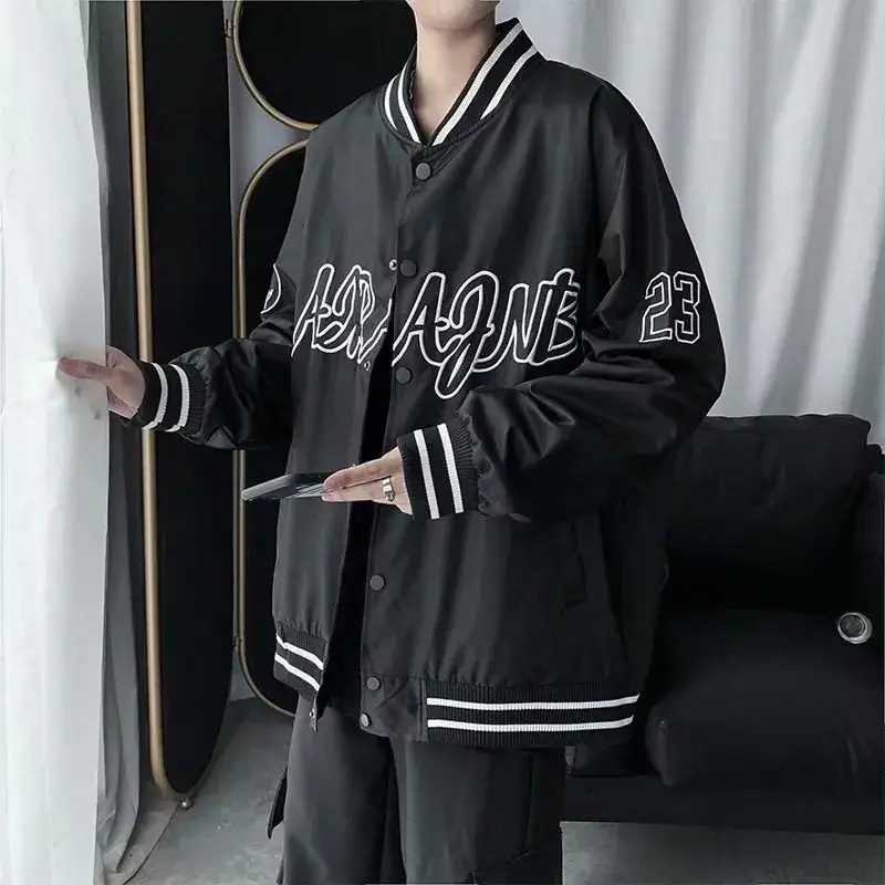 Men Black Graphic Bomber Jacket with White Trim - Image 5