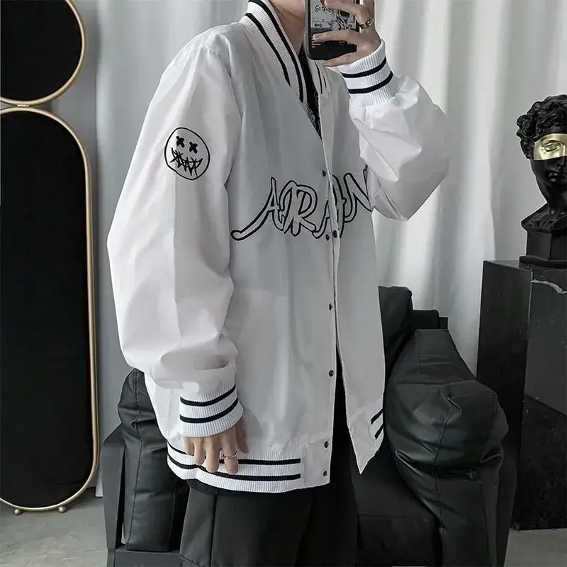 Men Black Graphic Bomber Jacket with White Trim - Image 6