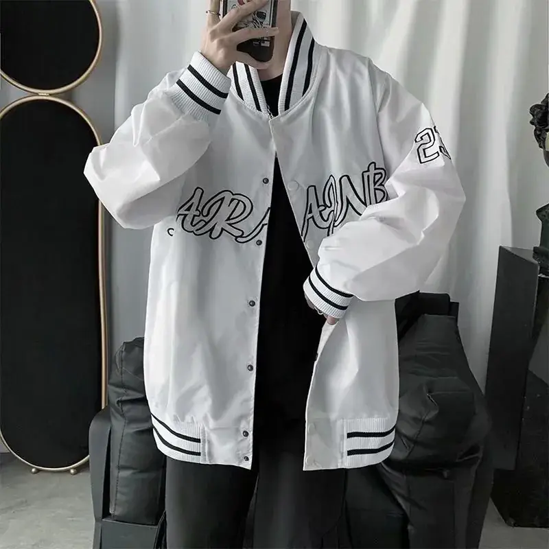 Men Black Graphic Bomber Jacket with White Trim - Image 7