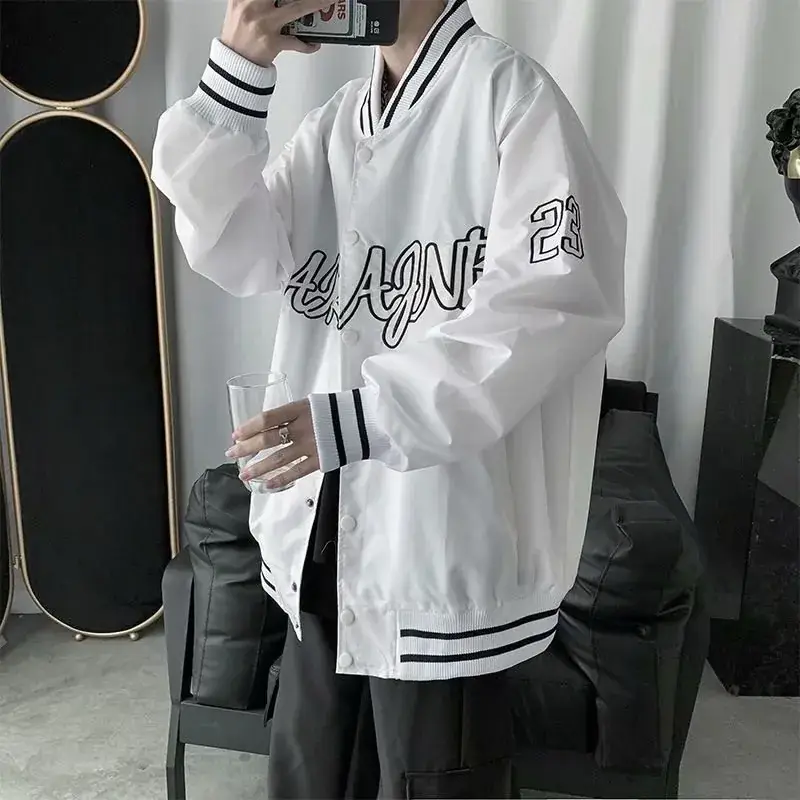 Men Black Graphic Bomber Jacket with White Trim - Image 2
