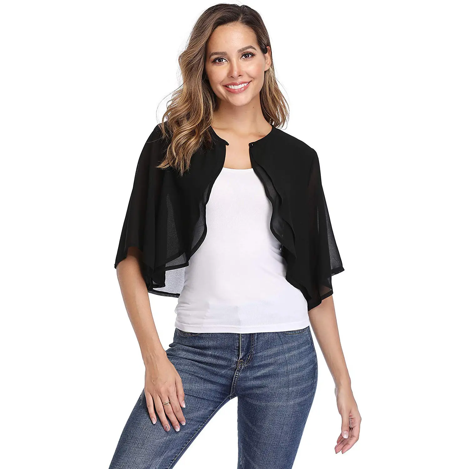 Women's Navy Blue Seven-Point Sleeve Chiffon Blouse Shawl - Image 2