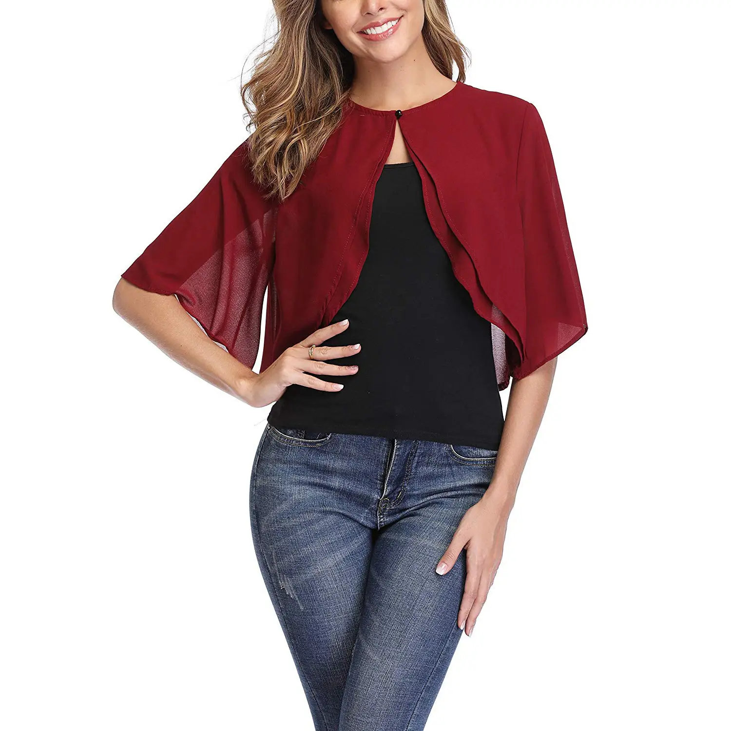 Women's Navy Blue Seven-Point Sleeve Chiffon Blouse Shawl - Image 3