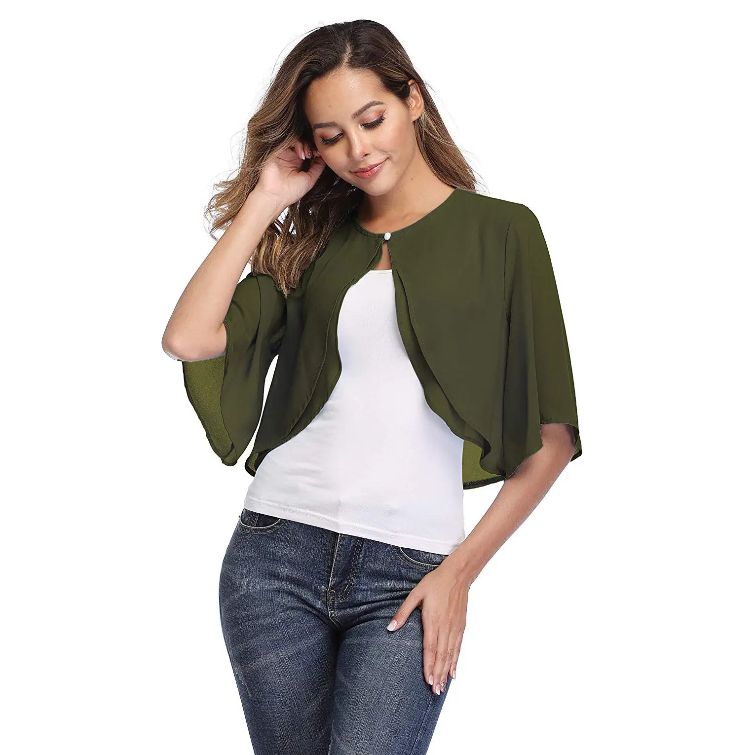 Women's Navy Blue Seven-Point Sleeve Chiffon Blouse Shawl - Image 4