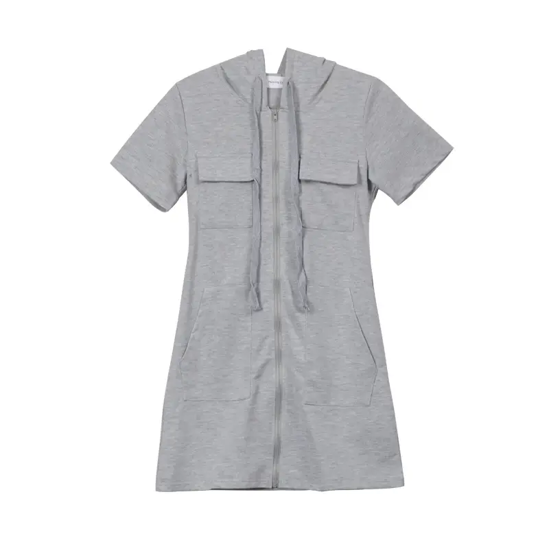 Women Grey Zipper Hooded Slimming Dress Summer 2025 - Image 16