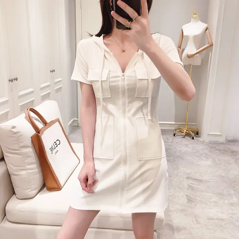 Women Grey Zipper Hooded Slimming Dress Summer 2025 - Image 11