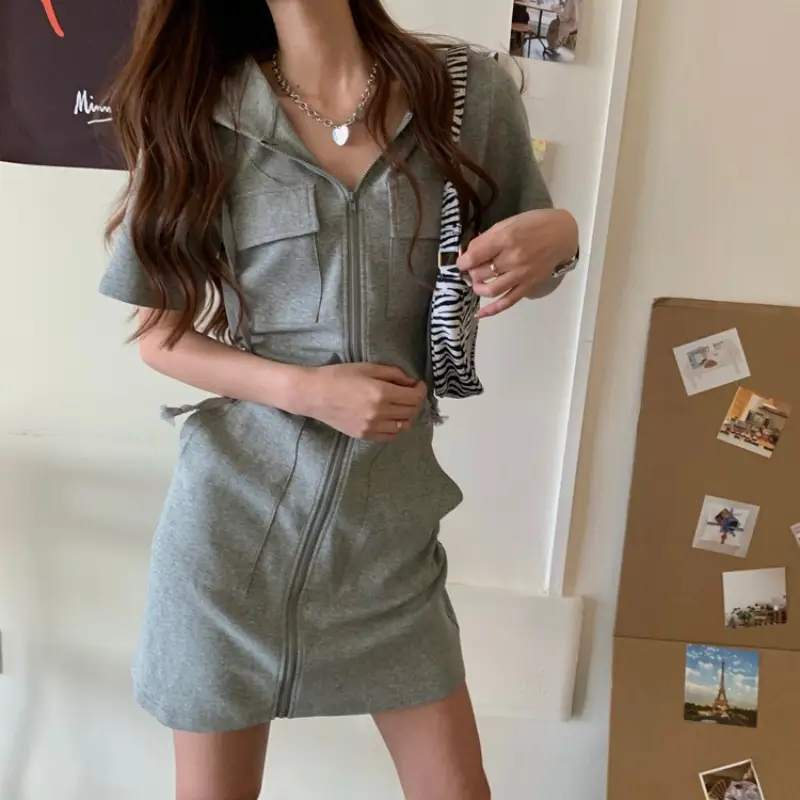 Women Grey Zipper Hooded Slimming Dress Summer 2025 - Image 3