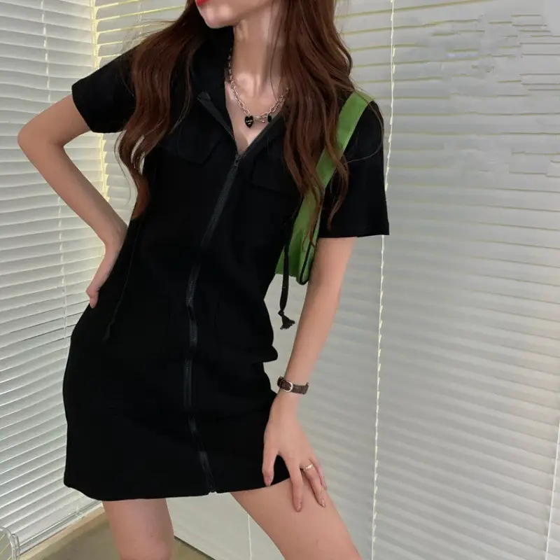 Women Grey Zipper Hooded Slimming Dress Summer 2025 - Image 6