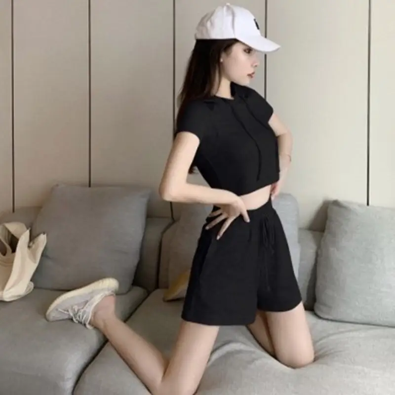 Women 2-Piece Hooded Shorts Set Gray Casual Summer - Image 5