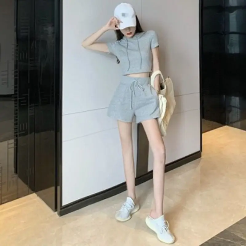 Women 2-Piece Hooded Shorts Set Gray Casual Summer - Image 6