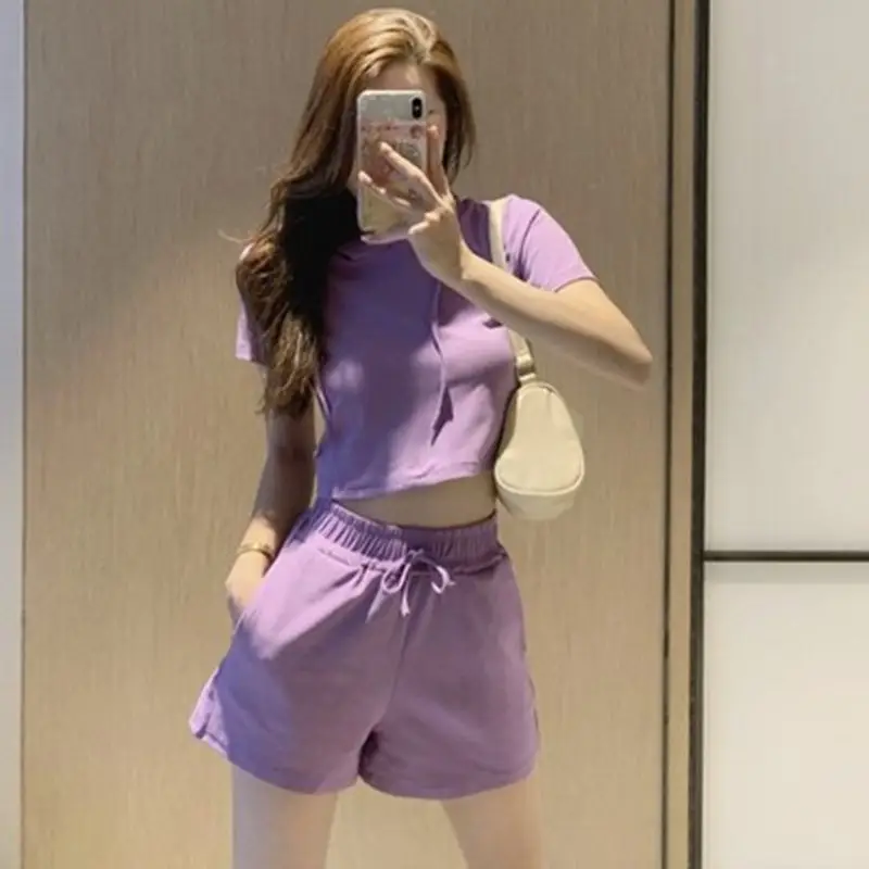 Women 2-Piece Hooded Shorts Set Gray Casual Summer - Image 7