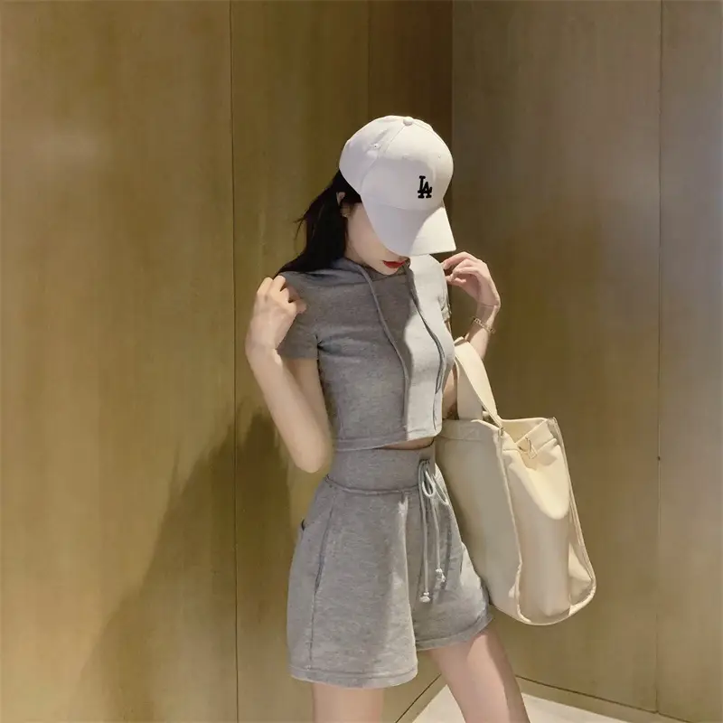Women 2-Piece Hooded Shorts Set Gray Casual Summer — feature 14