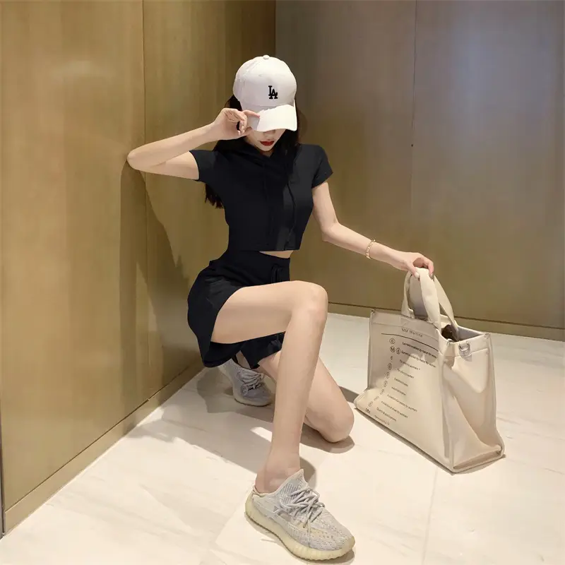 Women 2-Piece Hooded Shorts Set Gray Casual Summer — feature 16