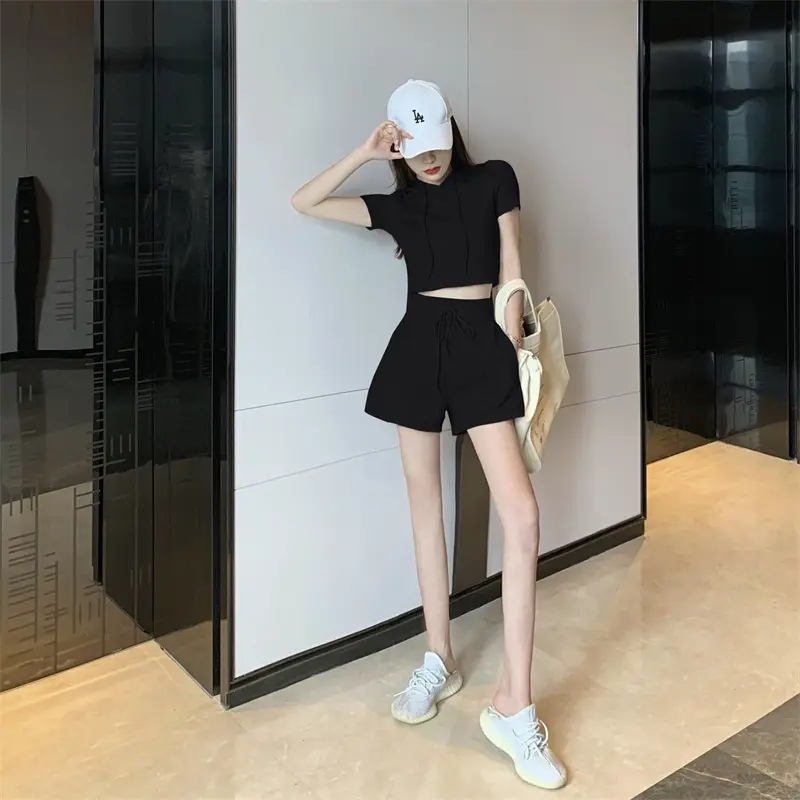 Women 2-Piece Hooded Shorts Set Gray Casual Summer — feature 18