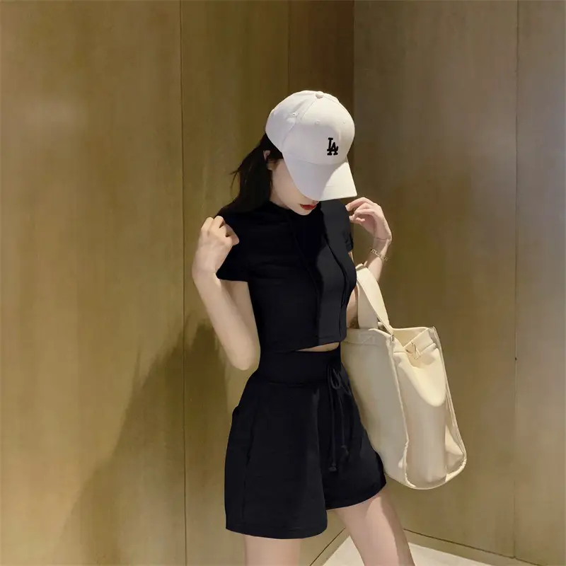 Women 2-Piece Hooded Shorts Set Gray Casual Summer — feature 21