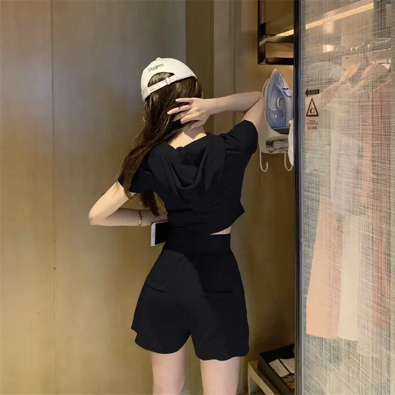 Women 2-Piece Hooded Shorts Set Gray Casual Summer — feature 22