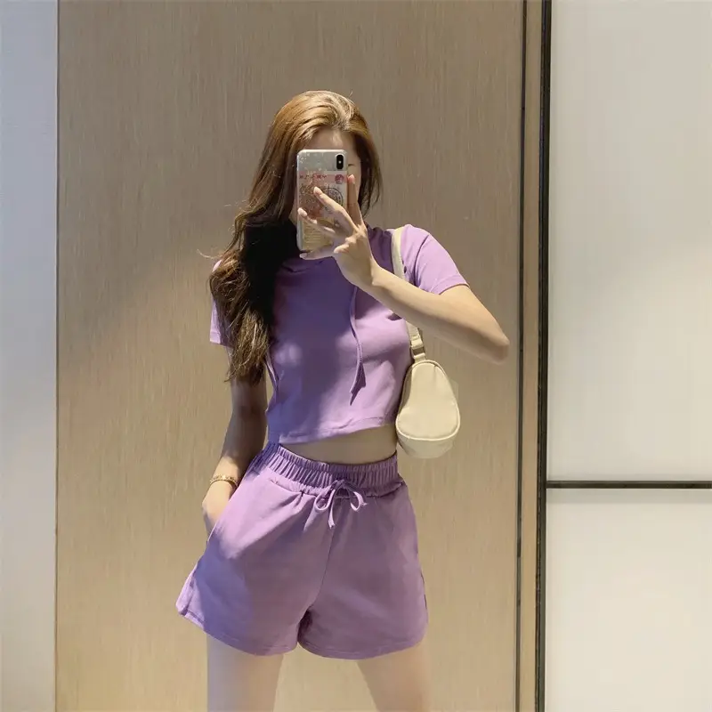 Women 2-Piece Hooded Shorts Set Gray Casual Summer — feature 27