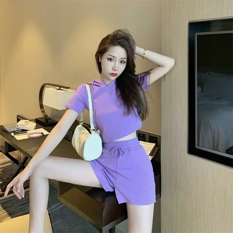 Women 2-Piece Hooded Shorts Set Gray Casual Summer — feature 29