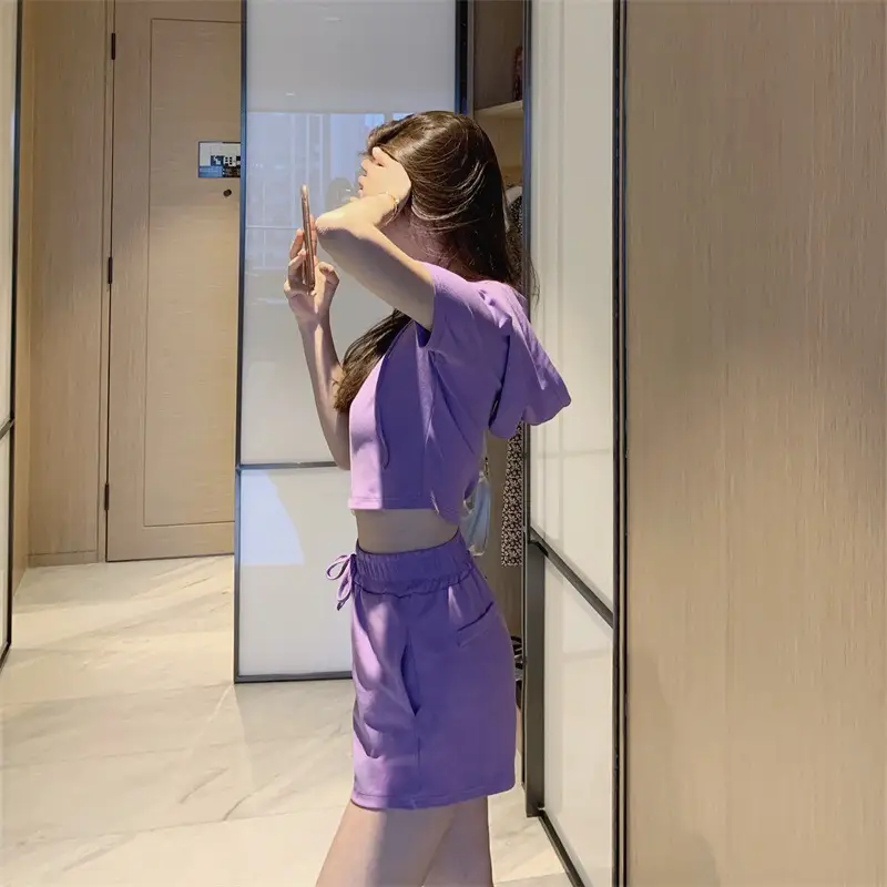 Women 2-Piece Hooded Shorts Set Gray Casual Summer — feature 34