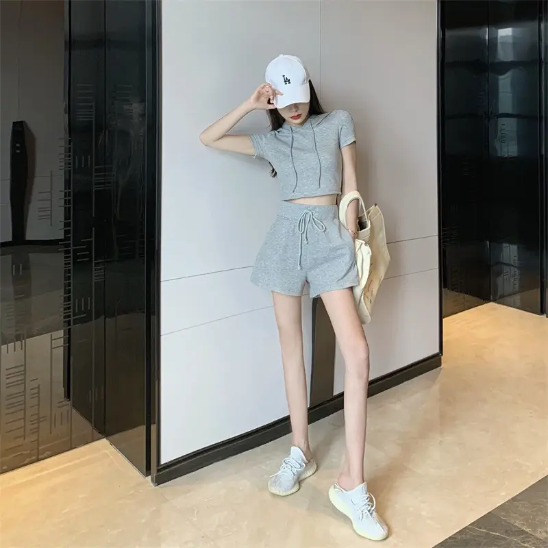Women 2-Piece Hooded Shorts Set Gray Casual Summer — feature 8