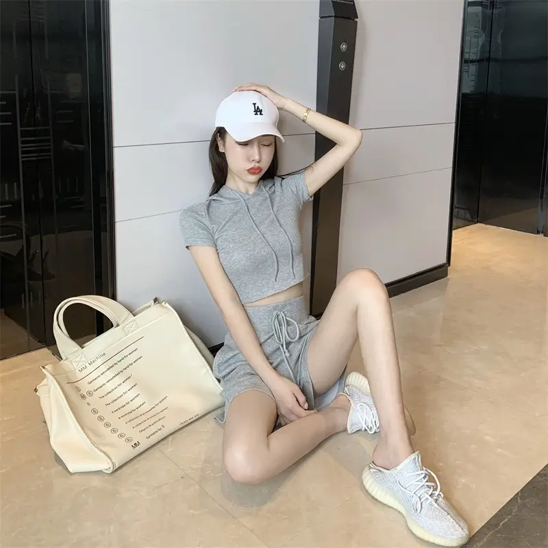 Women 2-Piece Hooded Shorts Set Gray Casual Summer — feature 9