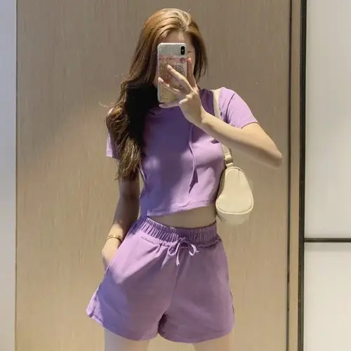 Women 2-Piece Hooded Shorts Set Gray Casual Summer - Image 3
