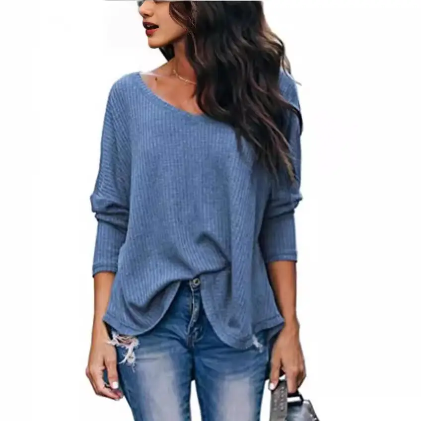 Women's Blue Waffle Knit Off-Shoulder Long Sleeve Top