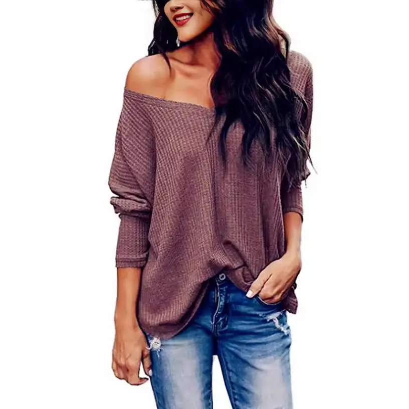 Women's Blue Waffle Knit Off-Shoulder Long Sleeve Top