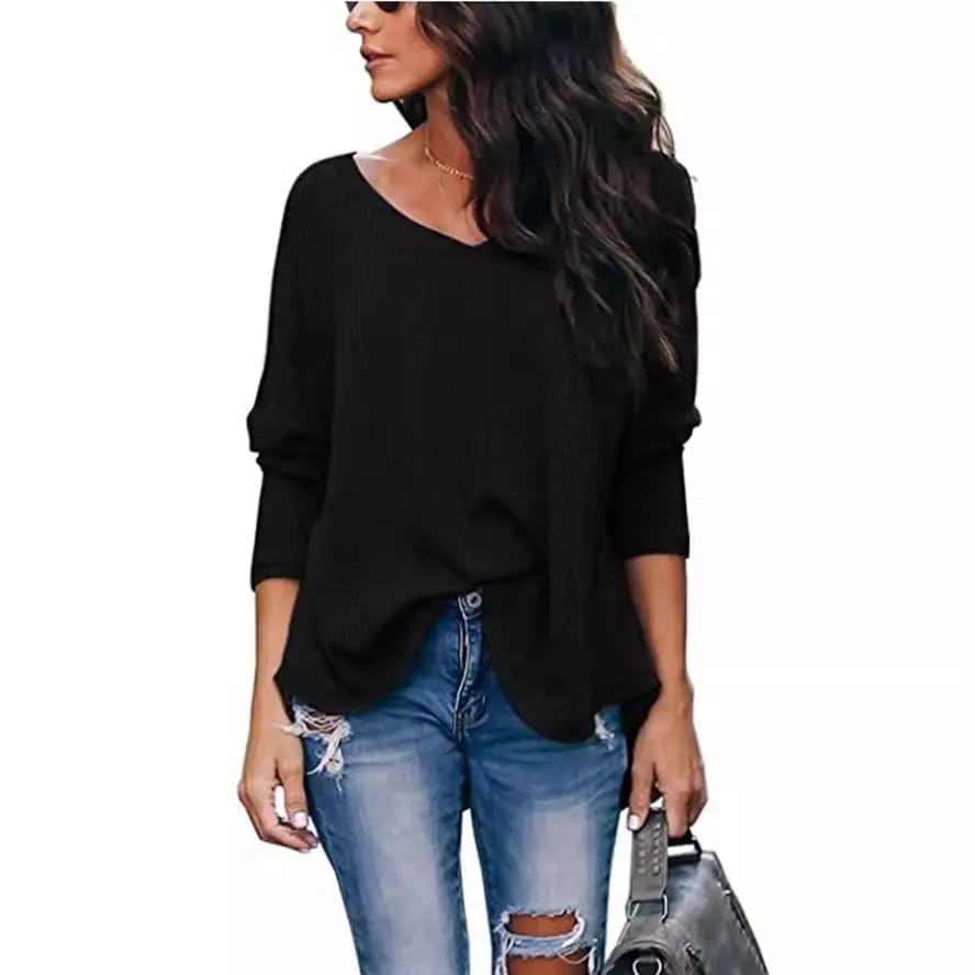 Women's Blue Waffle Knit Off-Shoulder Long Sleeve Top