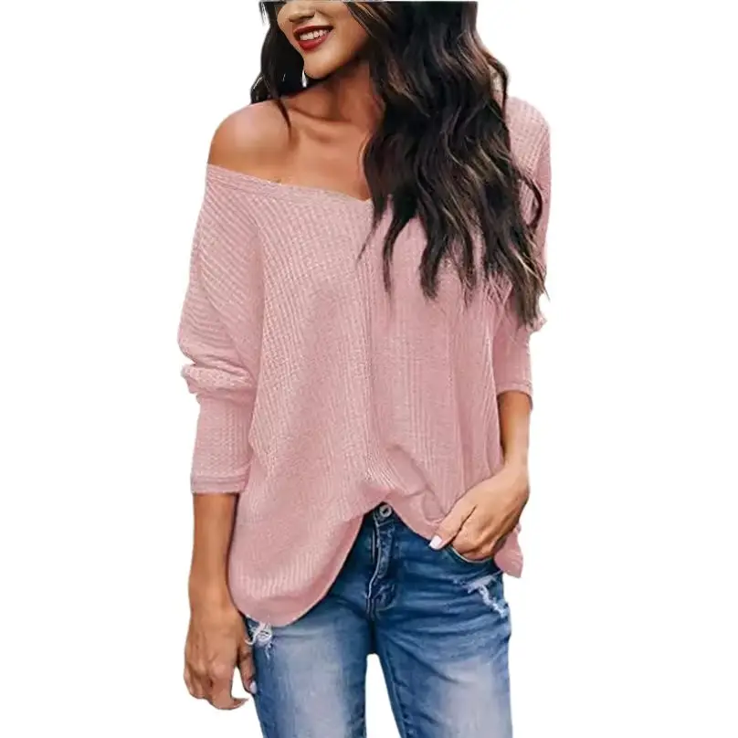 Women's Blue Waffle Knit Off-Shoulder Long Sleeve Top