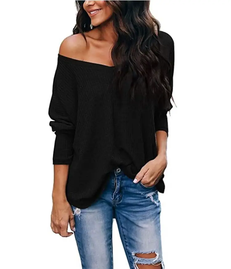 Women's Blue Waffle Knit Off-Shoulder Long Sleeve Top