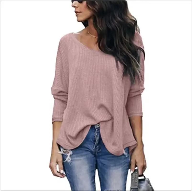 Women's Blue Waffle Knit Off-Shoulder Long Sleeve Top