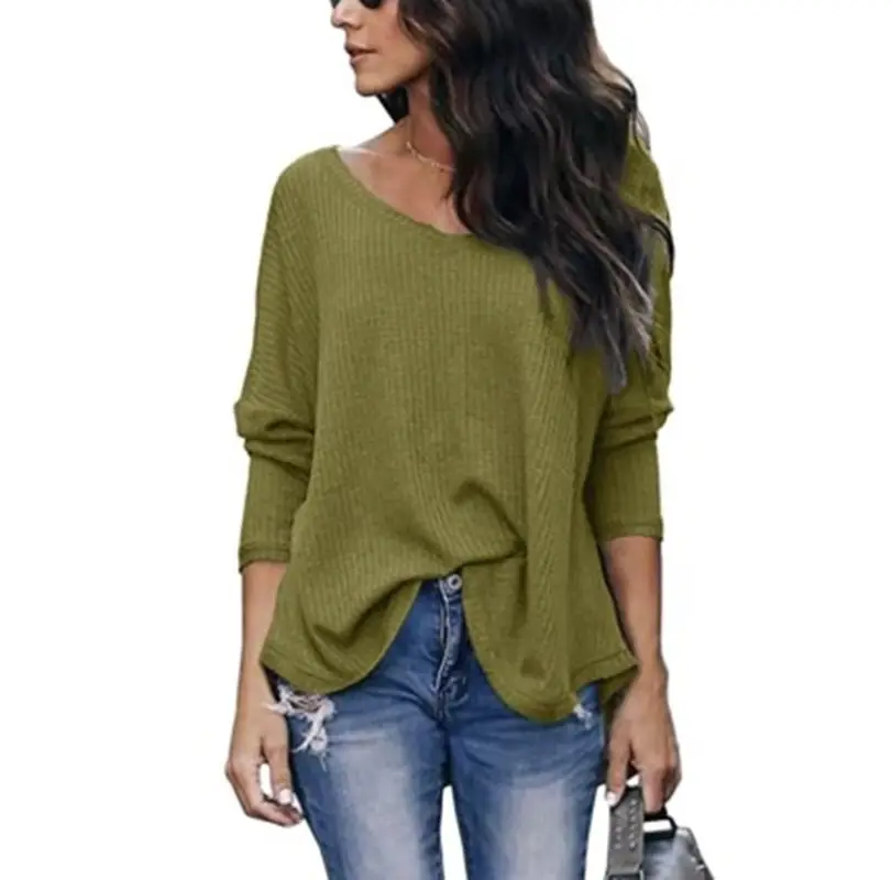 Women's Blue Waffle Knit Off-Shoulder Long Sleeve Top