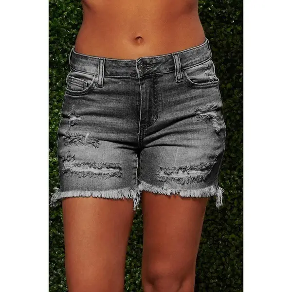 Women Ripped Fringe Denim Shorts High Waist Blue - Image 5