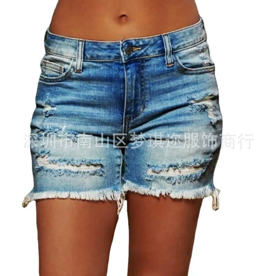 Women Ripped Fringe Denim Shorts High Waist Blue - Image 8