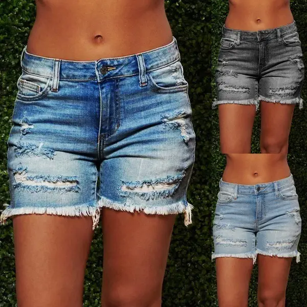 Women Ripped Fringe Denim Shorts High Waist Blue — feature 2