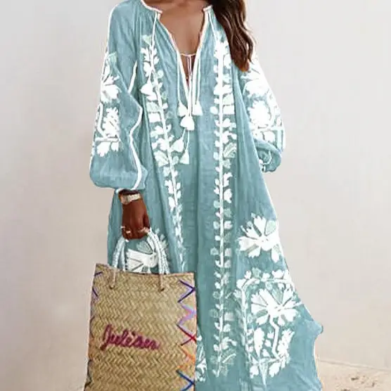 Women V-Neck Printed Long Sleeve Kurta Set Olive Green
