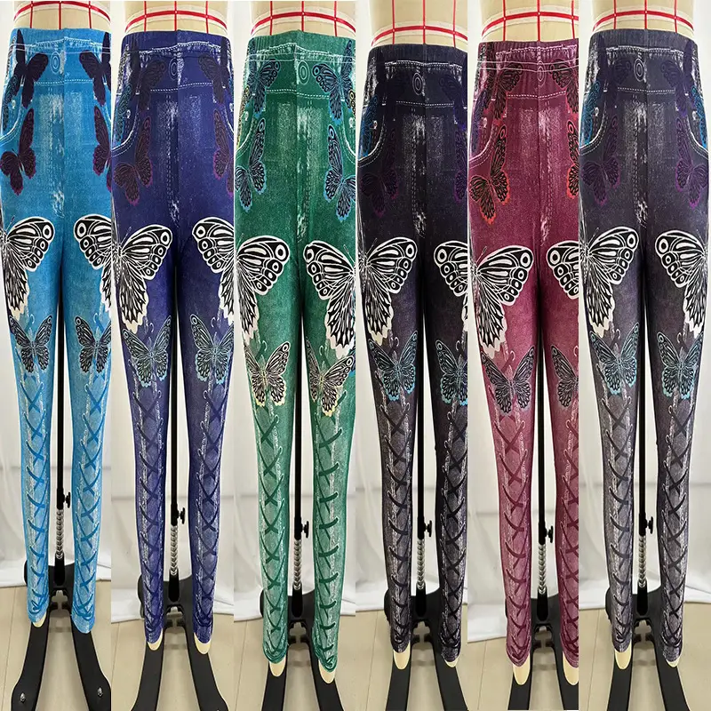 Women Butterfly Print Denim Leggings Green Large - Image 6