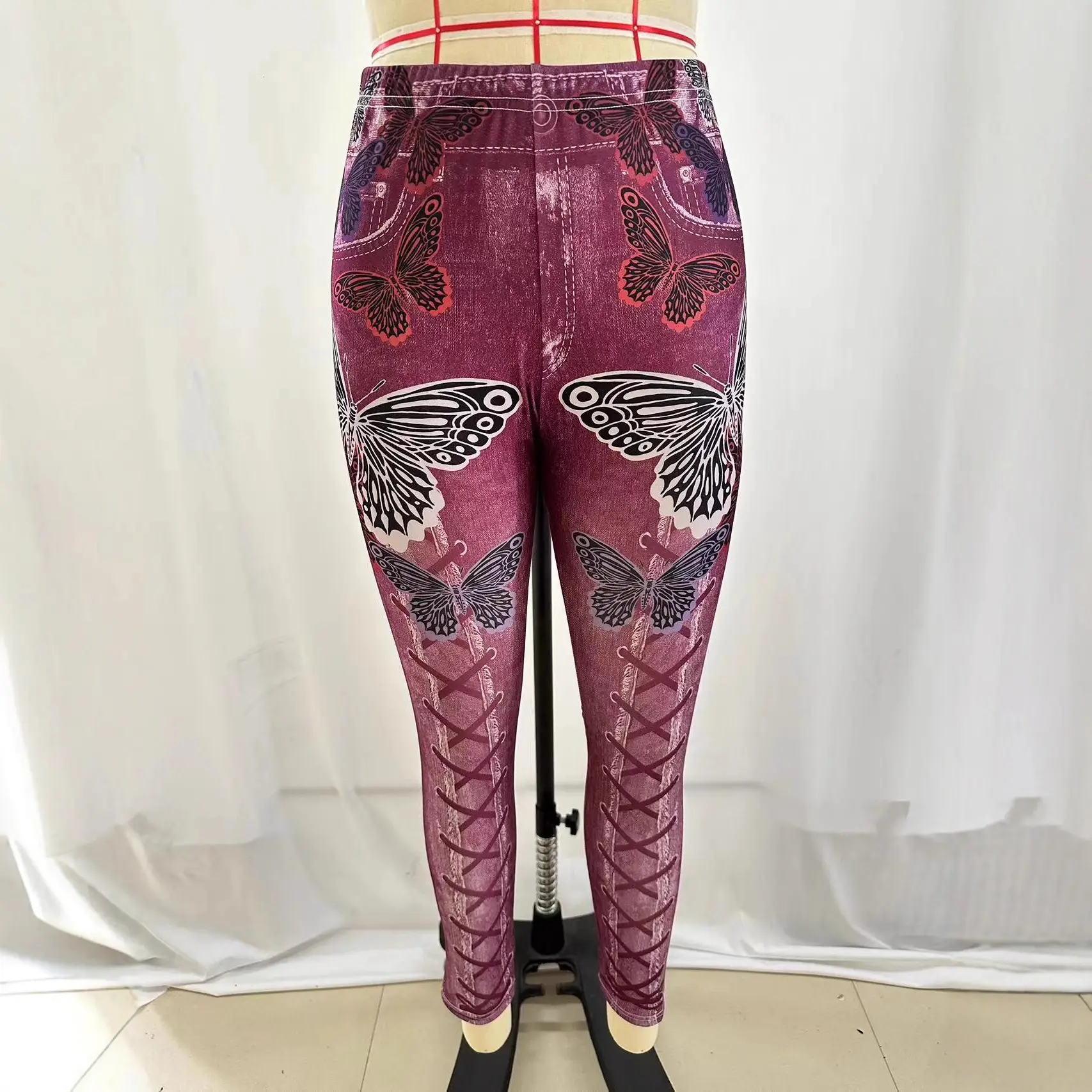 Women Butterfly Print Denim Leggings Green Large - Image 7