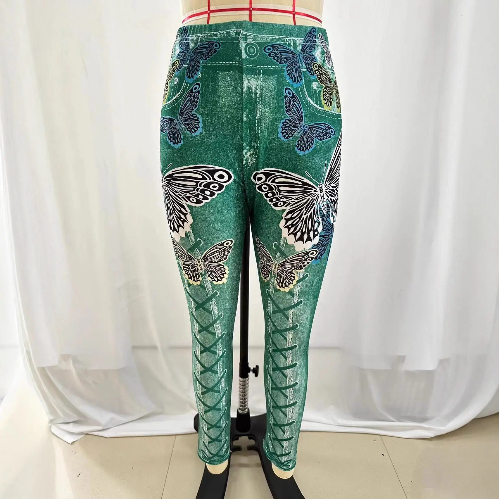 Women Butterfly Print Denim Leggings Green Large - Image 8