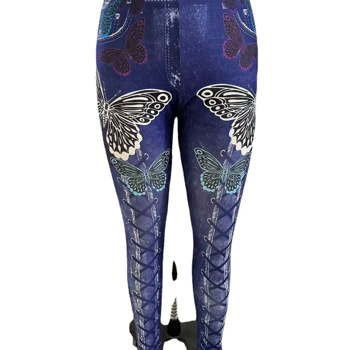 Women Butterfly Print Denim Leggings Green Large - Image 9