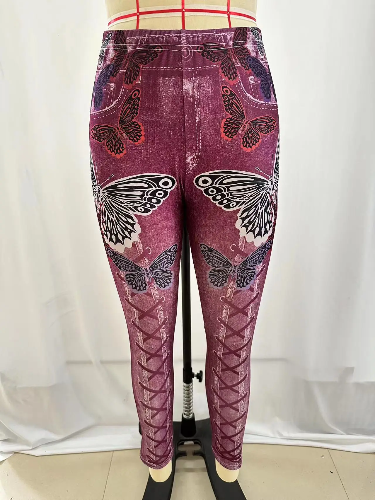 Women Butterfly Print Denim Leggings Green Large - Image 2