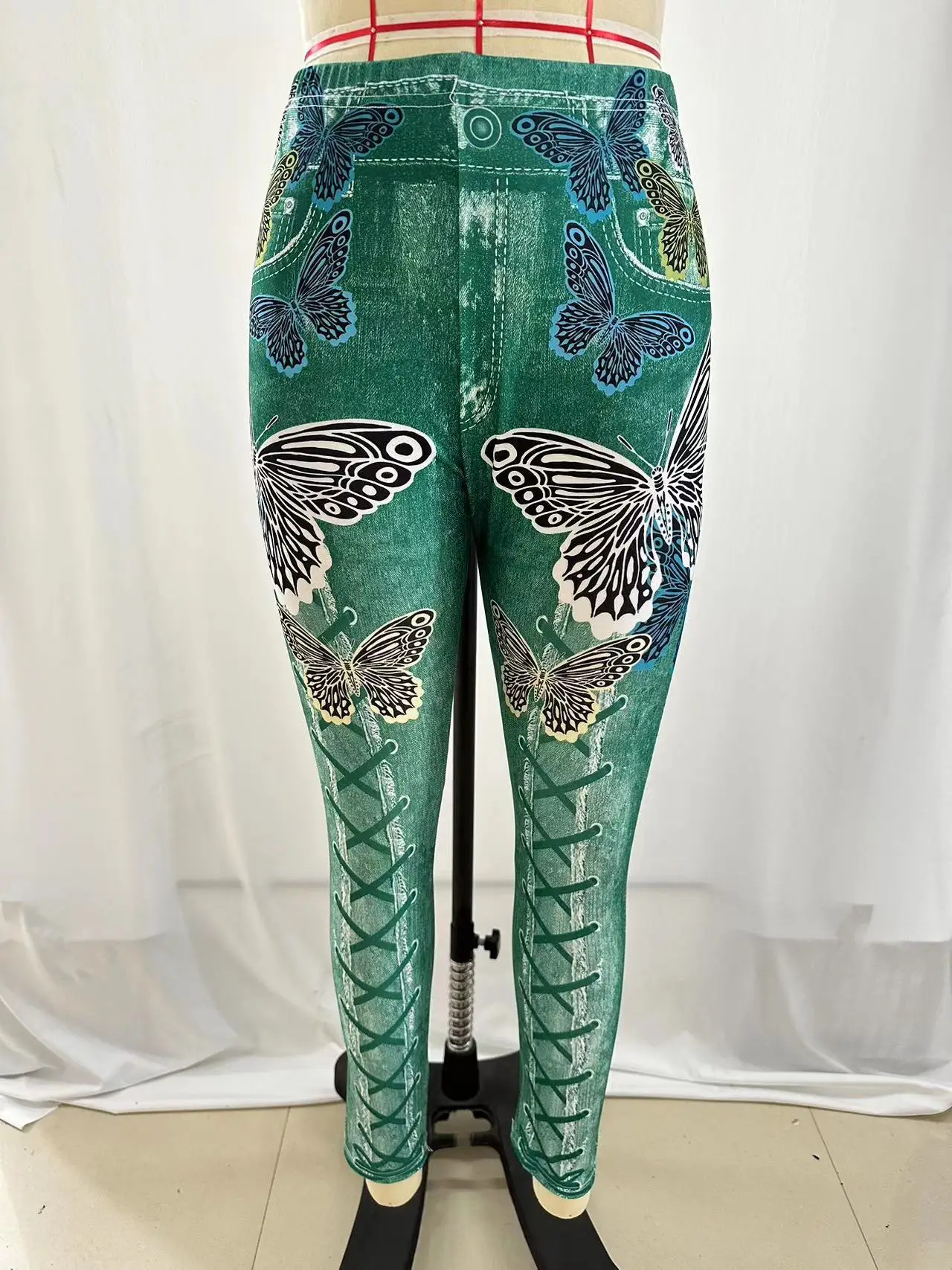 Women Butterfly Print Denim Leggings Green Large - Image 3