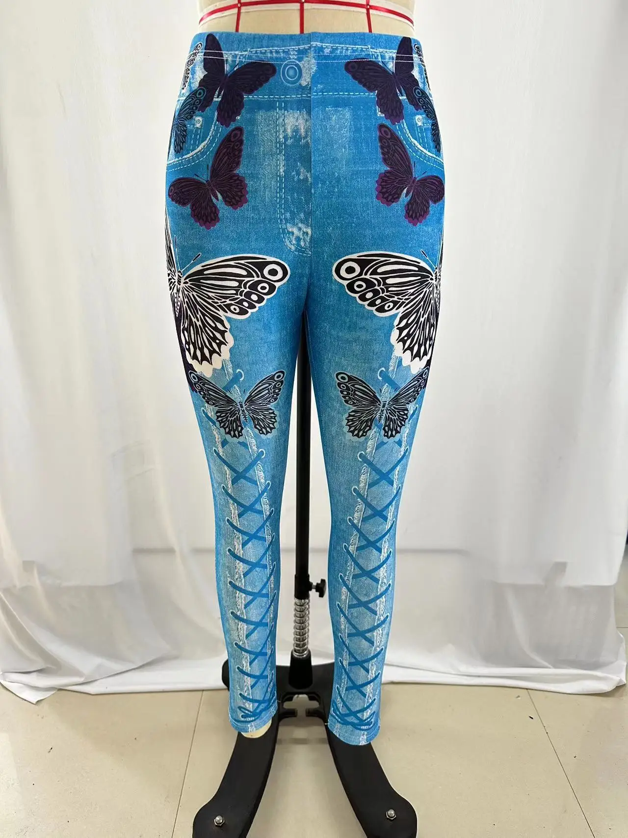 Women Butterfly Print Denim Leggings Green Large - Image 4