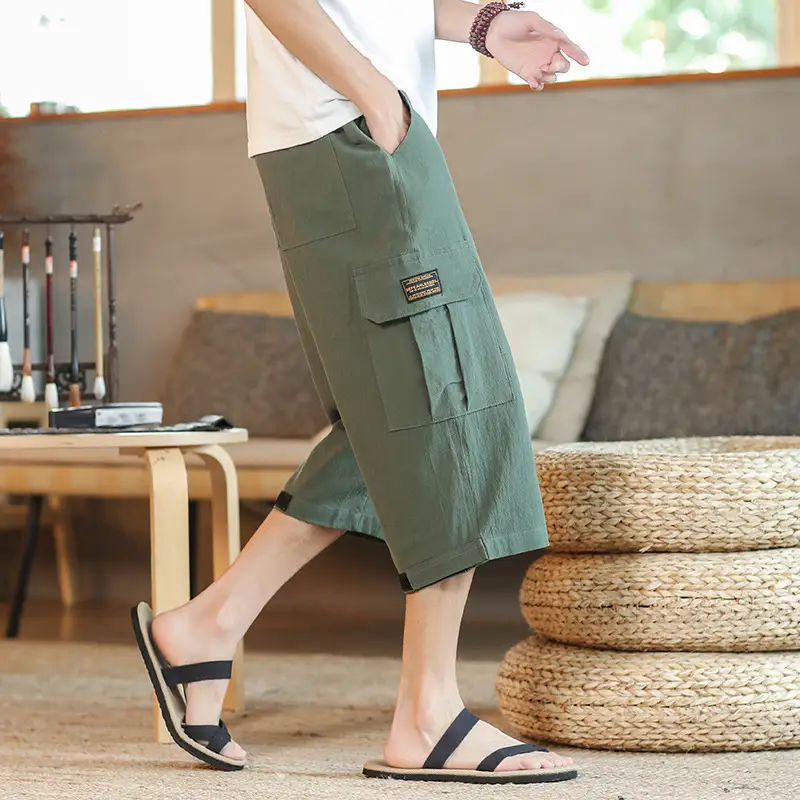 2025 Summer Men's Black Cropped Cotton Pants with Pocket - Image 5