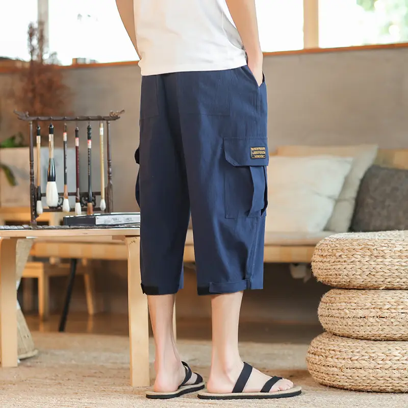 2025 Summer Men's Black Cropped Cotton Pants with Pocket - Image 6