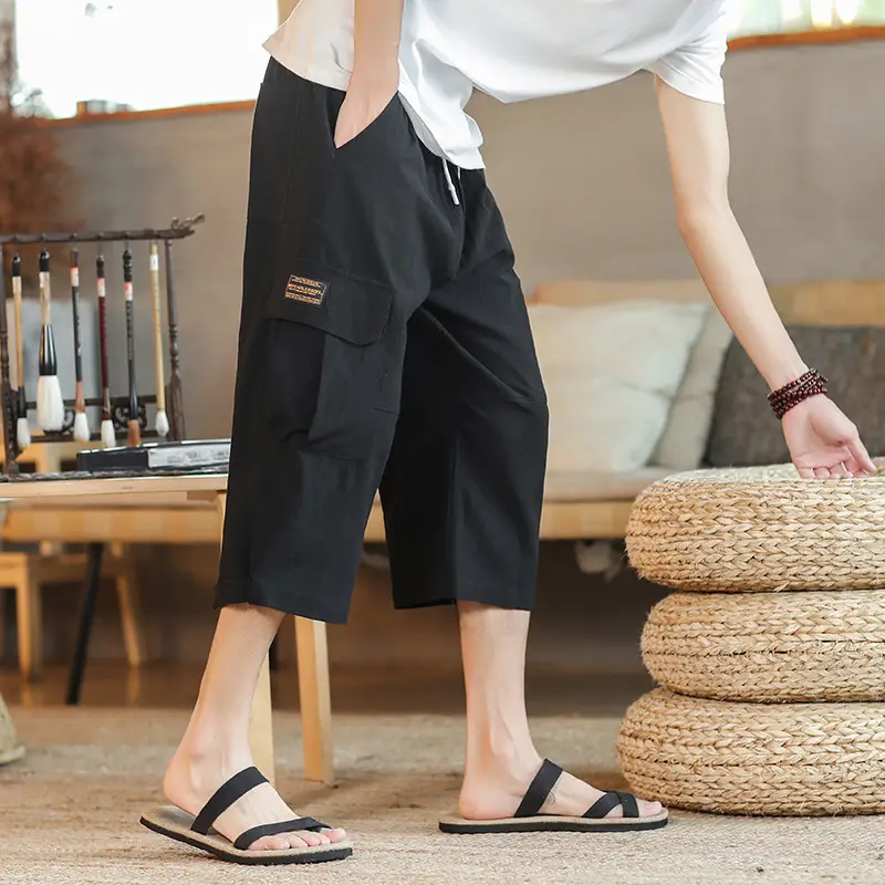 2025 Summer Men's Black Cropped Cotton Pants with Pocket - Image 7