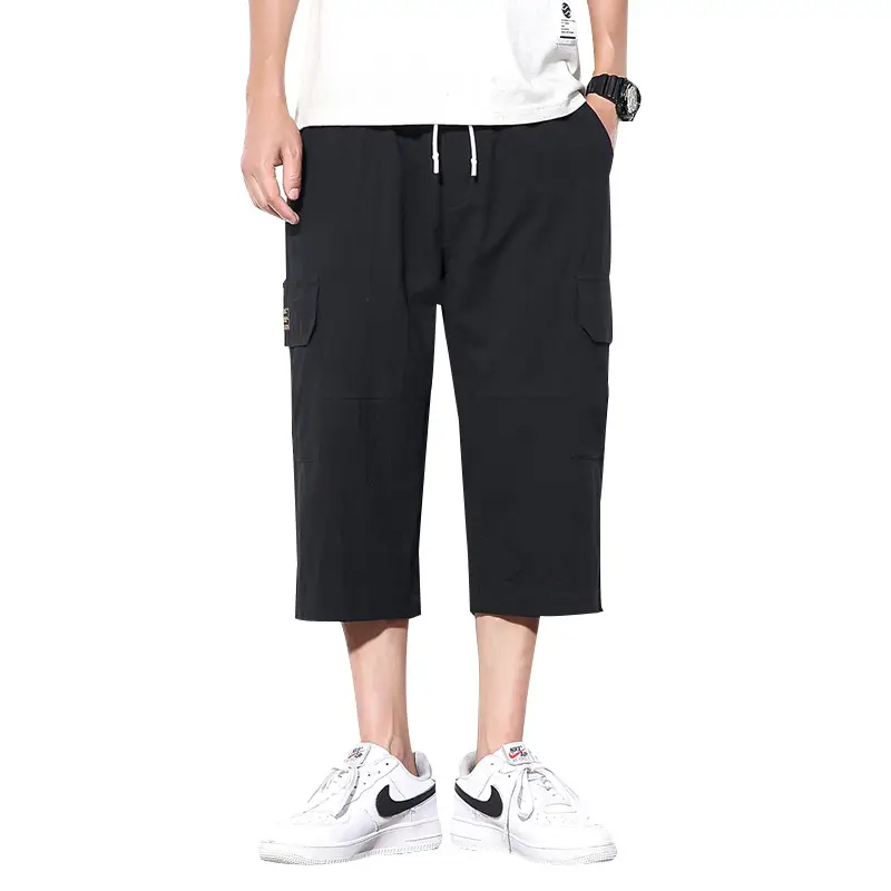 2025 Summer Men's Black Cropped Cotton Pants with Pocket - Image 8