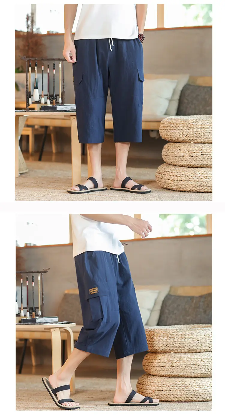 2025 Summer Men's Black Cropped Cotton Pants with Pocket — feature 11