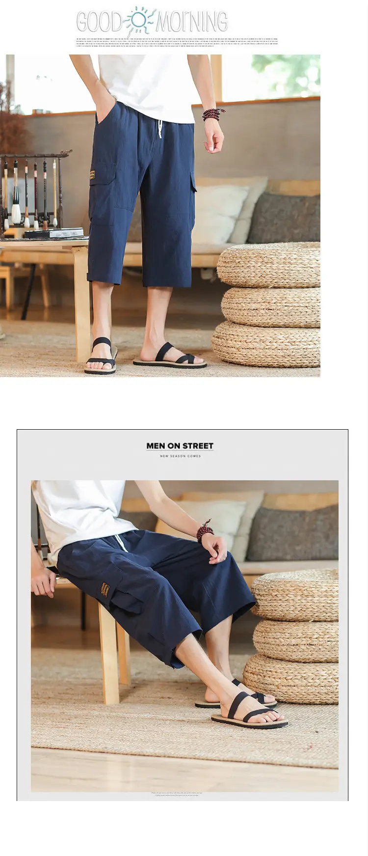 2025 Summer Men's Black Cropped Cotton Pants with Pocket — feature 12